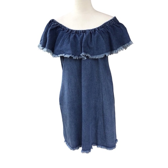 Umgee Blue Denim Fringed Ruffle Off Shoulder Dress Women’s Size Medium - Picture 7 of 10